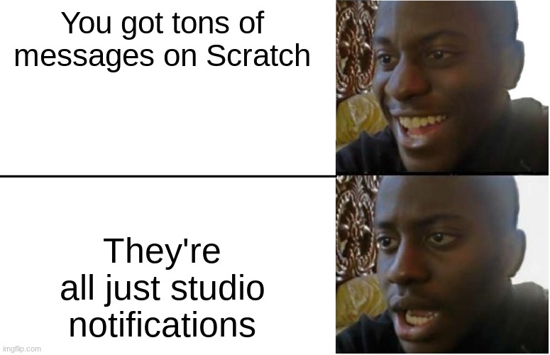 Disappointed Black Guy | You got tons of messages on Scratch; They're all just studio notifications | image tagged in disappointed black guy | made w/ Imgflip meme maker