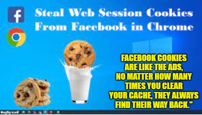 FACEBOOK COOKIES ARE LIKE THE ADS, NO MATTER HOW MANY TIMES YOU CLEAR YOUR CACHE, THEY ALWAYS FIND THEIR WAY BACK." | made w/ Imgflip meme maker