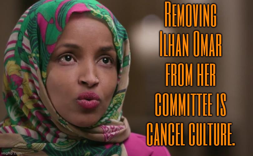 Just stating the obvious. | Removing Ilhan Omar from her committee is cancel culture. | image tagged in ilhan omar,gop hypocrite,conservative logic,racism,islamophobia | made w/ Imgflip meme maker