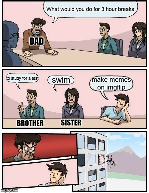 Family weekend | What would you do for 3 hour breaks; DAD; to study for a test; swim; make memes on imgflip; BROTHER; SISTER | image tagged in memes,boardroom meeting suggestion,dad and son | made w/ Imgflip meme maker