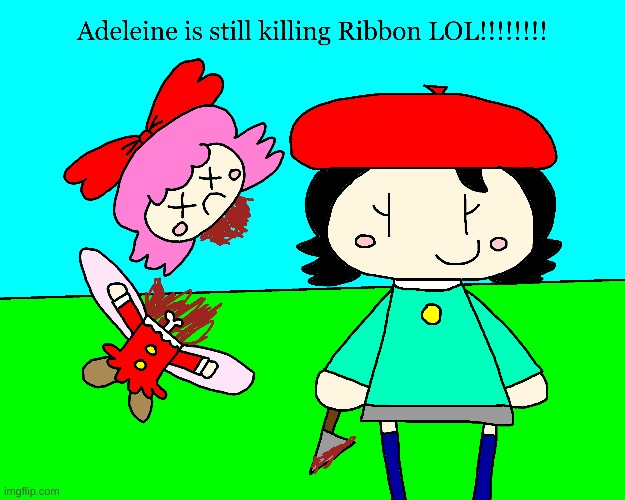 Adeleine murders Ribbon hahaha | image tagged in ribbon,adeleine,kirby,gore,blood,funny | made w/ Imgflip meme maker
