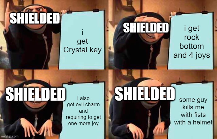 Shielded's plan | SHIELDED; i get Crystal key; i get rock bottom and 4 joys; SHIELDED; SHIELDED; i also get evil charm and requiring to get one more joy; some guy kills me with fists with a helmet; SHIELDED | image tagged in memes,gru's plan,roblox,bloody battle | made w/ Imgflip meme maker