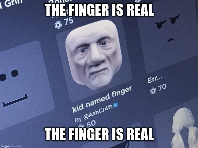 Roblox kid named finger | THE FINGER IS REAL; THE FINGER IS REAL | image tagged in roblox kid named finger | made w/ Imgflip meme maker