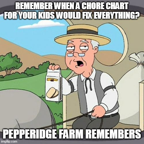 Pepperidge Farm Remembers | REMEMBER WHEN A CHORE CHART FOR YOUR KIDS WOULD FIX EVERYTHING? PEPPERIDGE FARM REMEMBERS | image tagged in memes,pepperidge farm remembers,meme,funny | made w/ Imgflip meme maker