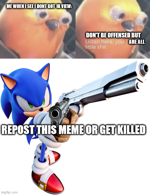 REPOST OR GET OFFENSED | ME WHEN I SEE I DONT GOT 1K VIEW:; DON'T BE OFFENSED BUT; ARE ALL; REPOST THIS MEME OR GET KILLED | image tagged in listen here you little shit bird,sonic with a gun | made w/ Imgflip meme maker