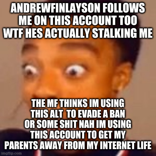 flight screams | ANDREWFINLAYSON FOLLOWS ME ON THIS ACCOUNT TOO WTF HES ACTUALLY STALKING ME; THE MF THINKS IM USING THIS ALT  TO EVADE A BAN OR SOME SHIT NAH IM USING THIS ACCOUNT TO GET MY PARENTS AWAY FROM MY INTERNET LIFE | image tagged in flight screams | made w/ Imgflip meme maker