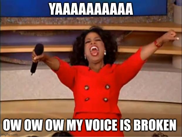 Oprah You Get A | YAAAAAAAAAA; OW OW OW MY VOICE IS BROKEN | image tagged in memes,oprah you get a | made w/ Imgflip meme maker