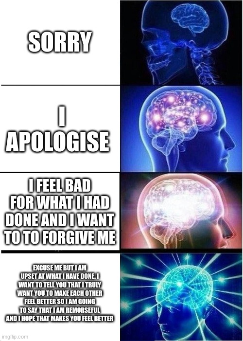 big brain sorrows | SORRY; I APOLOGISE; I FEEL BAD FOR WHAT I HAD DONE AND I WANT TO TO FORGIVE ME; EXCUSE ME BUT I AM UPSET AT WHAT I HAVE DONE. I WANT TO TELL YOU THAT I TRULY WANT YOU TO MAKE EACH OTHER FEEL BETTER SO I AM GOING TO SAY THAT I AM REMORSEFUL AND I HOPE THAT MAKES YOU FEEL BETTER | image tagged in memes,expanding brain | made w/ Imgflip meme maker