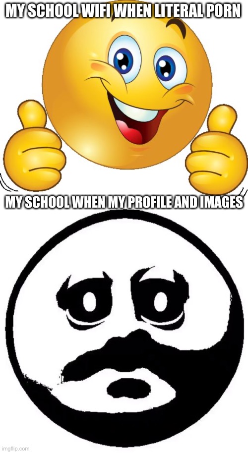 Horny stream’s unblocked, my profile is blocked | MY SCHOOL WIFI WHEN LITERAL P0RN; MY SCHOOL WHEN MY PROFILE AND IMAGES | image tagged in thumbs up emoji,empty he's a husk | made w/ Imgflip meme maker