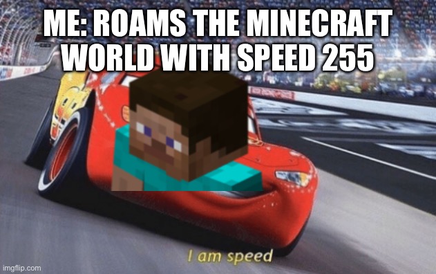 Speedy Steve | ME: ROAMS THE MINECRAFT WORLD WITH SPEED 255 | image tagged in i am speed | made w/ Imgflip meme maker