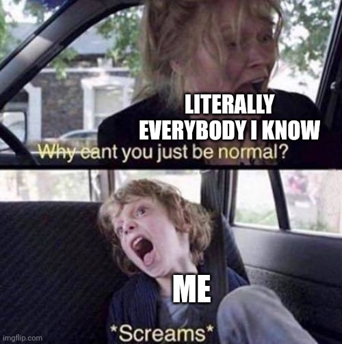 E | LITERALLY EVERYBODY I KNOW; ME | image tagged in why can't you just be normal | made w/ Imgflip meme maker