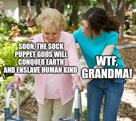 When grandma starts talking about the sock puppet apocalypse | SOON, THE SOCK PUPPET GODS WILL CONQUER EARTH AND ENSLAVE HUMAN KIND; WTF, GRANDMA! | image tagged in sure grandma let's get you to bed | made w/ Imgflip meme maker