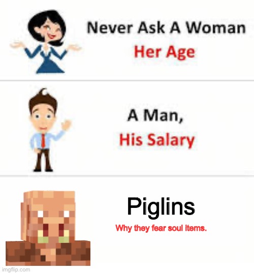 soul and piglins | Piglins; Why they fear soul items. | image tagged in never ask a woman her age | made w/ Imgflip meme maker