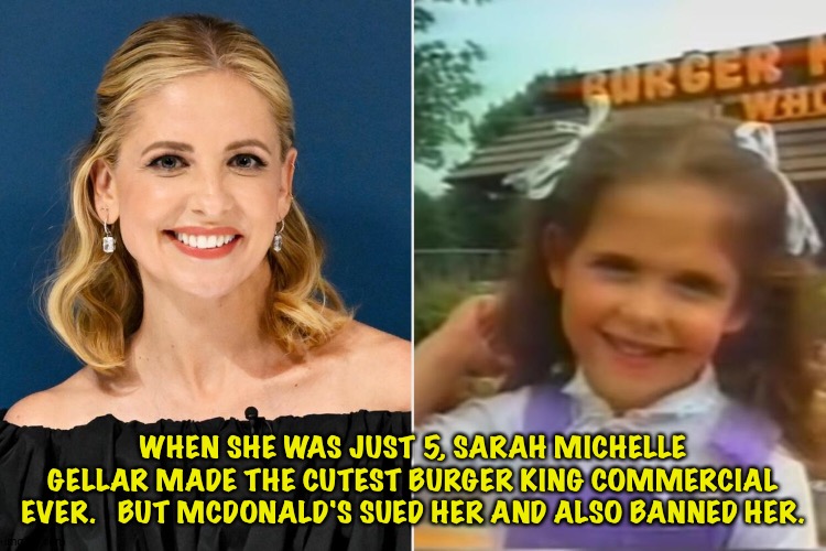 All because she mentioned McDonald's in the ad | WHEN SHE WAS JUST 5, SARAH MICHELLE GELLAR MADE THE CUTEST BURGER KING COMMERCIAL EVER.   BUT MCDONALD'S SUED HER AND ALSO BANNED HER. | image tagged in sarah michelle gellar | made w/ Imgflip meme maker
