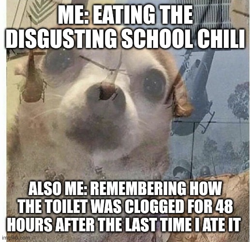 Never eat the school chili | ME: EATING THE DISGUSTING SCHOOL CHILI; ALSO ME: REMEMBERING HOW THE TOILET WAS CLOGGED FOR 48 HOURS AFTER THE LAST TIME I ATE IT | image tagged in ptsd chihuahua | made w/ Imgflip meme maker
