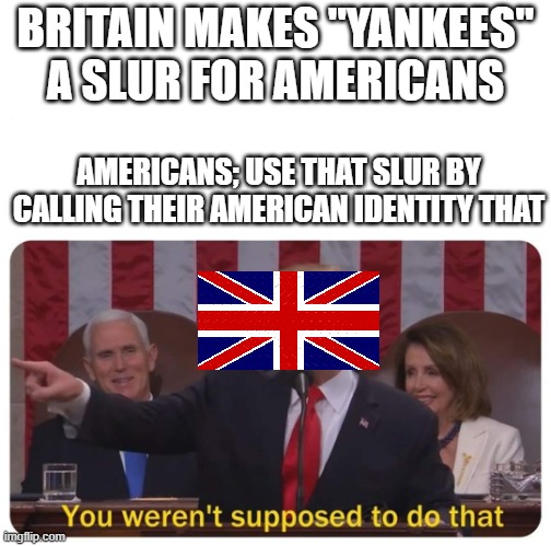 You weren't supposed to do that | BRITAIN MAKES "YANKEES" A SLUR FOR AMERICANS; AMERICANS; USE THAT SLUR BY CALLING THEIR AMERICAN IDENTITY THAT | image tagged in you weren't supposed to do that | made w/ Imgflip meme maker