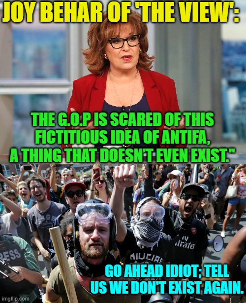 Yeah Joy, go to one of their 'mostly peaceful' rallies and tell the thugs that they don't exist. | JOY BEHAR OF 'THE VIEW':; THE G.O.P IS SCARED OF THIS FICTITIOUS IDEA OF ANTIFA, A THING THAT DOESN’T EVEN EXIST."; GO AHEAD IDIOT; TELL US WE DON'T EXIST AGAIN. | image tagged in antifa | made w/ Imgflip meme maker