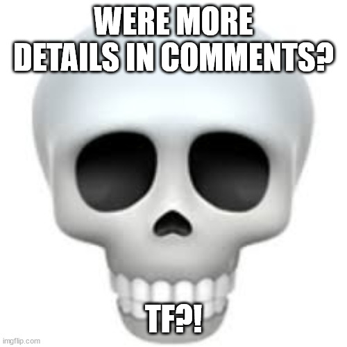 Skull | WERE MORE DETAILS IN COMMENTS? TF?! | image tagged in skull | made w/ Imgflip meme maker