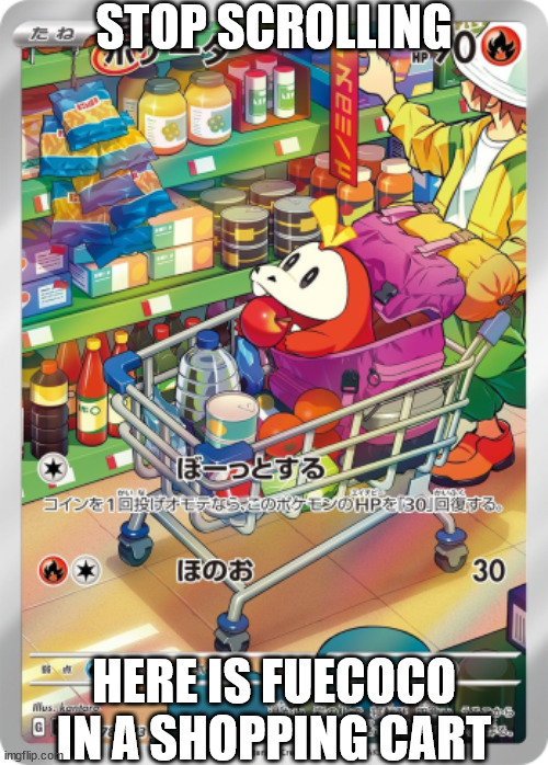 STOP SCROLLING; HERE IS FUECOCO IN A SHOPPING CART | image tagged in pokemon | made w/ Imgflip meme maker