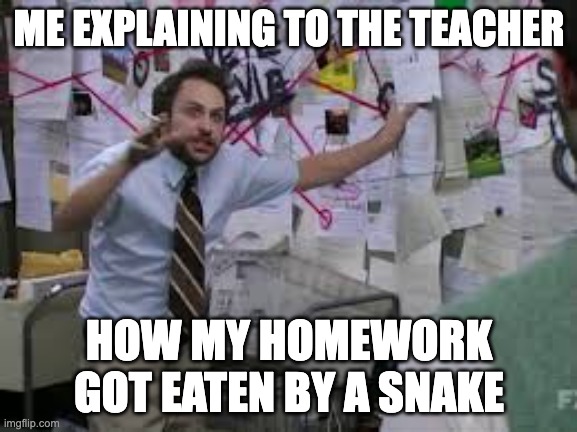 conspiracy theory | ME EXPLAINING TO THE TEACHER; HOW MY HOMEWORK GOT EATEN BY A SNAKE | image tagged in conspiracy theory | made w/ Imgflip meme maker