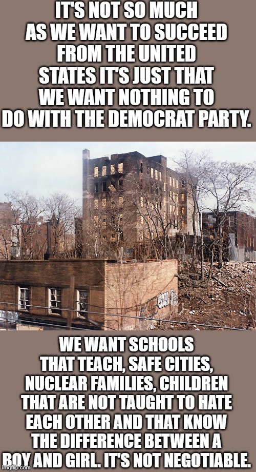 yep | IT'S NOT SO MUCH AS WE WANT TO SUCCEED FROM THE UNITED STATES IT'S JUST THAT WE WANT NOTHING TO DO WITH THE DEMOCRAT PARTY. WE WANT SCHOOLS THAT TEACH, SAFE CITIES, NUCLEAR FAMILIES, CHILDREN THAT ARE NOT TAUGHT TO HATE EACH OTHER AND THAT KNOW THE DIFFERENCE BETWEEN A BOY AND GIRL. IT'S NOT NEGOTIABLE. | image tagged in democrats | made w/ Imgflip meme maker