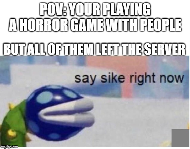 i hate this every time when i play the minic | POV: YOUR PLAYING A HORROR GAME WITH PEOPLE; BUT ALL OF THEM LEFT THE SERVER | image tagged in say sike right now | made w/ Imgflip meme maker