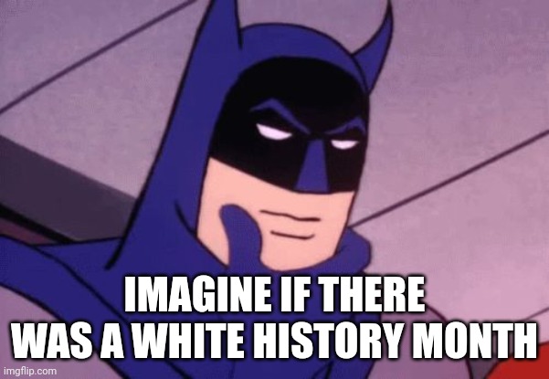 Then think about the rage from certain people. Now imagine if there was only AMERICAN HISTORY. | IMAGINE IF THERE WAS A WHITE HISTORY MONTH | image tagged in batman pondering | made w/ Imgflip meme maker