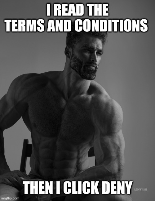 Giga Chad | I READ THE TERMS AND CONDITIONS; THEN I CLICK DENY | image tagged in giga chad,chad | made w/ Imgflip meme maker