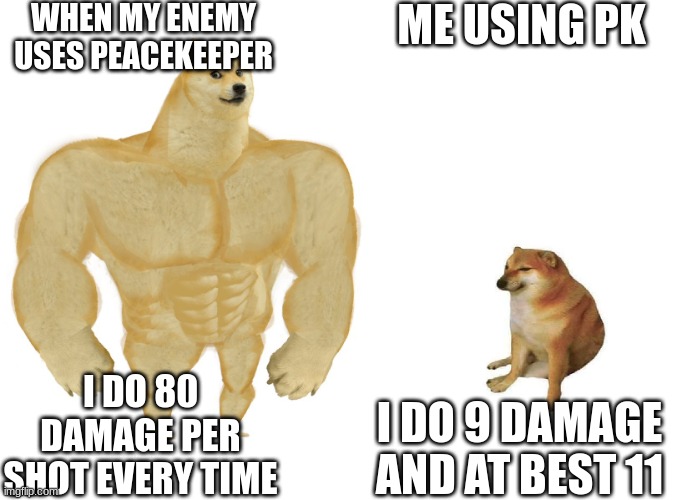 apex legends | WHEN MY ENEMY USES PEACEKEEPER; ME USING PK; I DO 9 DAMAGE AND AT BEST 11; I DO 80 DAMAGE PER SHOT EVERY TIME | image tagged in big dog small dog | made w/ Imgflip meme maker