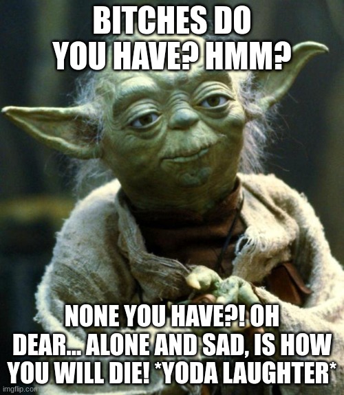 POV: Yoda asks you if you have bitches (You don't). His reaction: | BITCHES DO YOU HAVE? HMM? NONE YOU HAVE?! OH DEAR... ALONE AND SAD, IS HOW YOU WILL DIE! *YODA LAUGHTER* | image tagged in memes,star wars yoda | made w/ Imgflip meme maker
