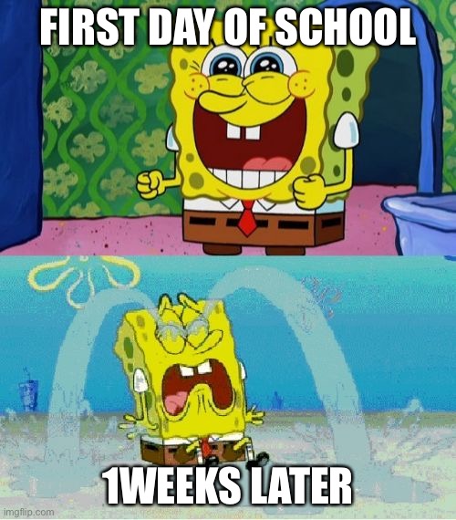 spongebob happy and sad | FIRST DAY OF SCHOOL; 1WEEKS LATER | image tagged in spongebob happy and sad | made w/ Imgflip meme maker