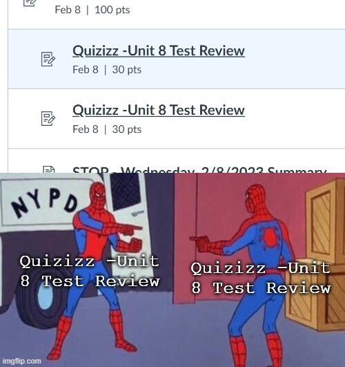 That seems perfectly normal | Quizizz -Unit 8 Test Review; Quizizz -Unit 8 Test Review | image tagged in spiderman pointing at spiderman,average ___ in ohio,school,memes,funny,youhadonejob | made w/ Imgflip meme maker