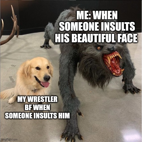 When someone insults my wrestler BF | ME: WHEN SOMEONE INSULTS HIS BEAUTIFUL FACE; MY WRESTLER BF WHEN SOMEONE INSULTS HIM | image tagged in dog vs werewolf | made w/ Imgflip meme maker
