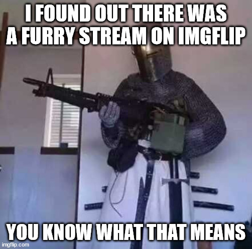 yessirrrrrrrrrrrrrrrrrrr | I FOUND OUT THERE WAS A FURRY STREAM ON IMGFLIP; YOU KNOW WHAT THAT MEANS | image tagged in crusader knight with m60 machine gun | made w/ Imgflip meme maker