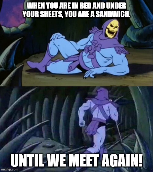 I guess if you don't use sheets, you're a pie? | WHEN YOU ARE IN BED AND UNDER YOUR SHEETS, YOU ARE A SANDWICH. UNTIL WE MEET AGAIN! | image tagged in skeletor disturbing facts | made w/ Imgflip meme maker