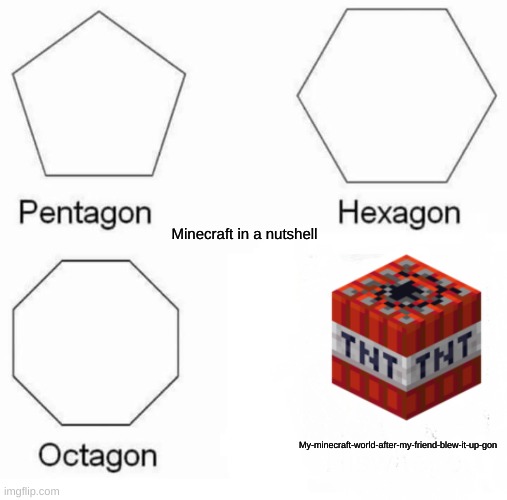 Yas | Minecraft in a nutshell; My-minecraft-world-after-my-friend-blew-it-up-gon | image tagged in memes,pentagon hexagon octagon | made w/ Imgflip meme maker