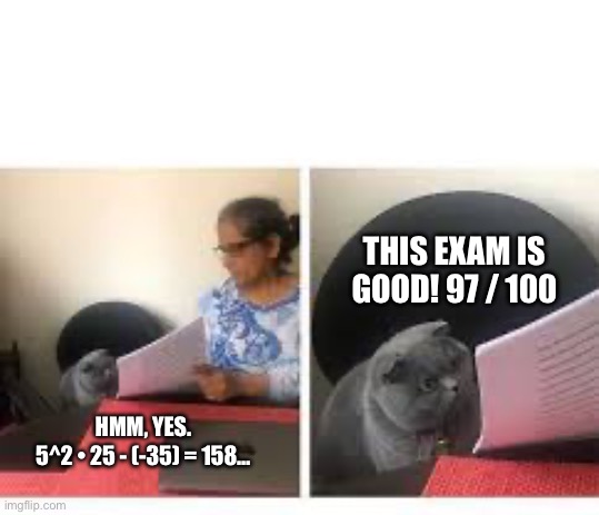 Smart cat! | THIS EXAM IS GOOD! 97 / 100; HMM, YES.
5^2 • 25 - (-35) = 158… | image tagged in gato examen | made w/ Imgflip meme maker