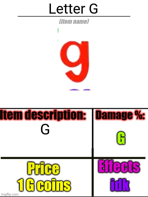 h | Letter G; G; G; 1 G coins; idk | image tagged in item-shop extended | made w/ Imgflip meme maker