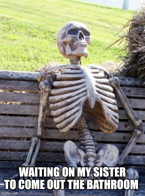 Waiting Skeleton | WAITING ON MY SISTER TO COME OUT THE BATHROOM | image tagged in memes,waiting skeleton | made w/ Imgflip meme maker