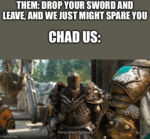 We will either be victorious and crush evil underfoot or die for the glory of Yahweh | THEM: DROP YOUR SWORD AND LEAVE, AND WE JUST MIGHT SPARE YOU; CHAD US: | image tagged in trail by combat,wholesome | made w/ Imgflip meme maker