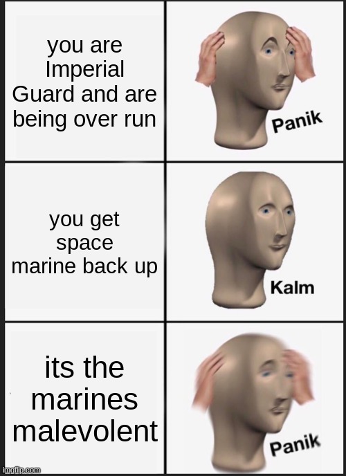 avrage guards man is like f**k this | you are Imperial Guard and are being over run; you get space marine back up; its the marines malevolent | image tagged in memes,panik kalm panik | made w/ Imgflip meme maker