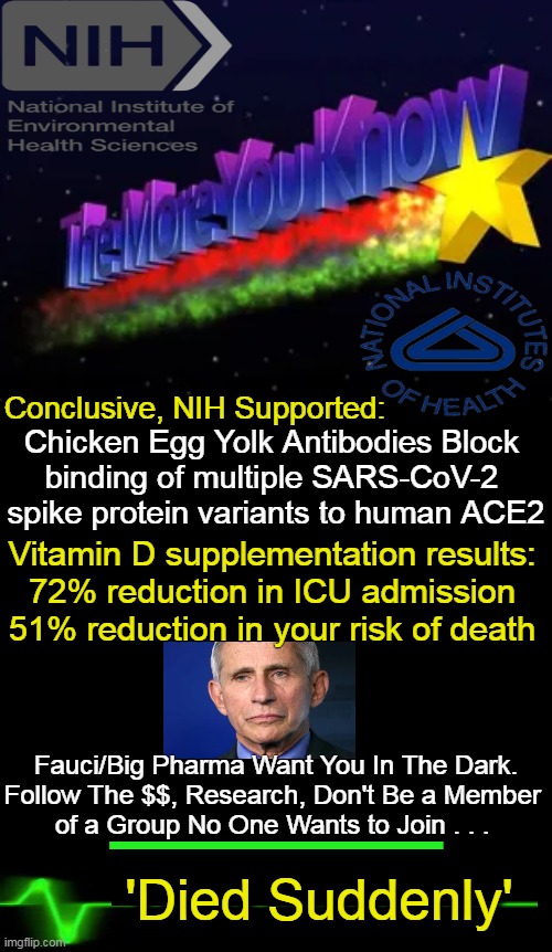 PSA of the Day For Your Health Cause I Care (Unlike Fauci & Big Pharma)... | Conclusive, NIH Supported:; Chicken Egg Yolk Antibodies Block 
binding of multiple SARS-CoV-2 
spike protein variants to human ACE2; Vitamin D supplementation results:

72% reduction in ICU admission
51% reduction in your risk of death; Fauci/Big Pharma Want You In The Dark.
Follow The $$, Research, Don't Be a Member 
of a Group No One Wants to Join . . . _______; 'Died Suddenly' | image tagged in politics,nih,national institutes of health,vitamin d,psa,fauci vaccine agenda | made w/ Imgflip meme maker