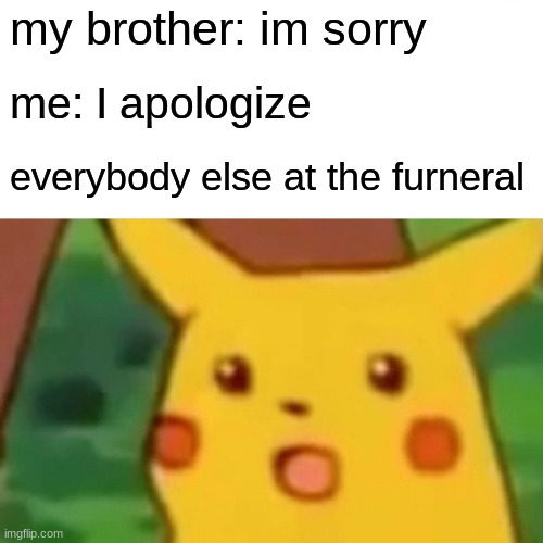 Surprised Pikachu Meme | my brother: im sorry; me: I apologize; everybody else at the furneral | image tagged in memes,surprised pikachu,funny memes,goofy ahh,dank | made w/ Imgflip meme maker