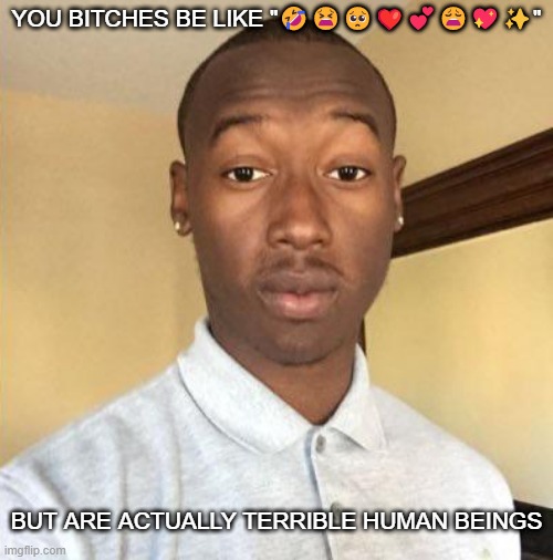 idk | YOU BITCHES BE LIKE "🤣😫🥺❤️💕😩💖✨"; BUT ARE ACTUALLY TERRIBLE HUMAN BEINGS | image tagged in pie charts | made w/ Imgflip meme maker