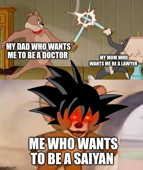 Tom and Jerry swordfight | MY DAD WHO WANTS ME TO BE A DOCTOR; MY MOM WHO WANTS ME BE A LAWYER; ME WHO WANTS TO BE A SAIYAN | image tagged in tom and jerry swordfight | made w/ Imgflip meme maker