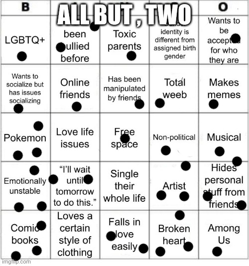 TheSuitedGayWeeb's Bingo | ALL BUT , TWO | image tagged in thesuitedgayweeb's bingo | made w/ Imgflip meme maker