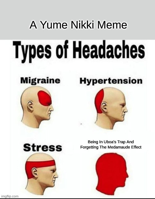 This | A Yume Nikki Meme; Being In Uboa's Trap And
Forgetting The Medamaude Effect | image tagged in types of headaches meme | made w/ Imgflip meme maker