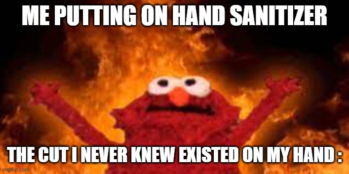 Ouch. | ME PUTTING ON HAND SANITIZER; THE CUT I NEVER KNEW EXISTED ON MY HAND : | image tagged in funny memes | made w/ Imgflip meme maker