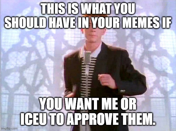 rickrolling | THIS IS WHAT YOU SHOULD HAVE IN YOUR MEMES IF YOU WANT ME OR ICEU TO APPROVE THEM. | image tagged in rickrolling | made w/ Imgflip meme maker