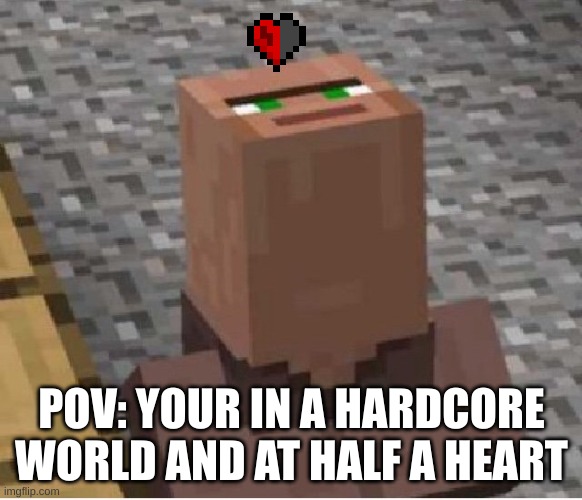 Minecraft Villager Looking Up | POV: YOUR IN A HARDCORE WORLD AND AT HALF A HEART | image tagged in minecraft villager looking up | made w/ Imgflip meme maker